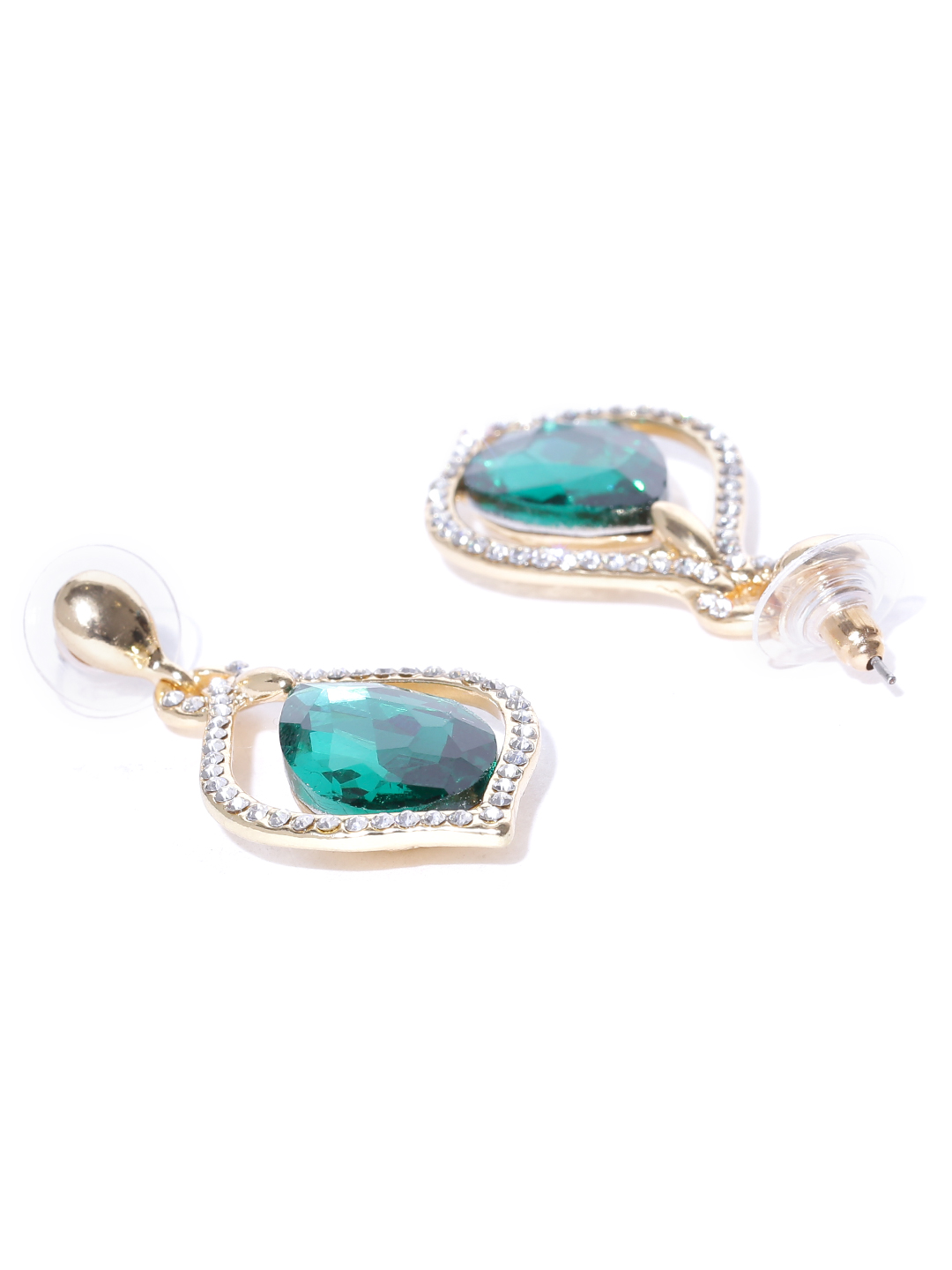 YouBella Off-White  Green Gold-Plated Teardrop Shaped Drop Earrings